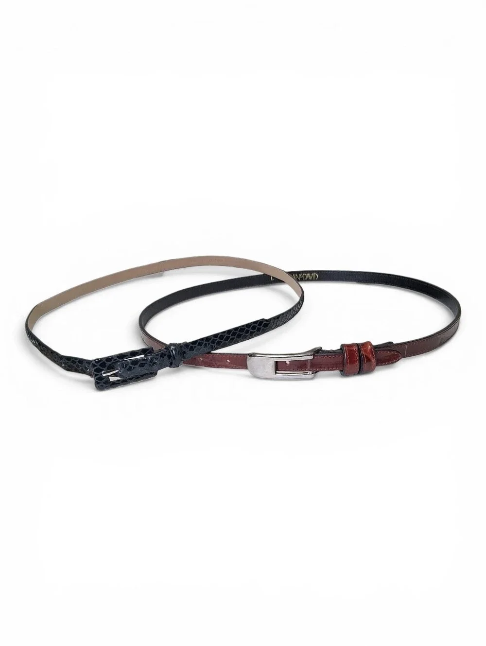 Set of 2 Wmn's Skinny Belts Joan & David Brn Alligator L & Another Line Inc Bk M